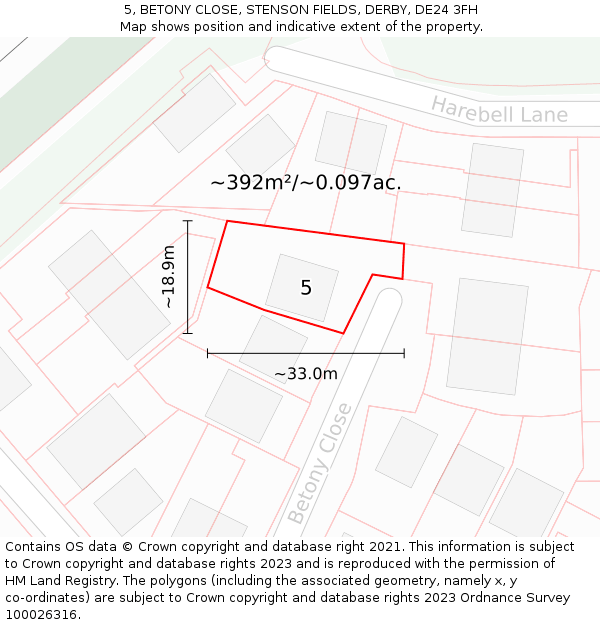 5, BETONY CLOSE, STENSON FIELDS, DERBY, DE24 3FH: Plot and title map