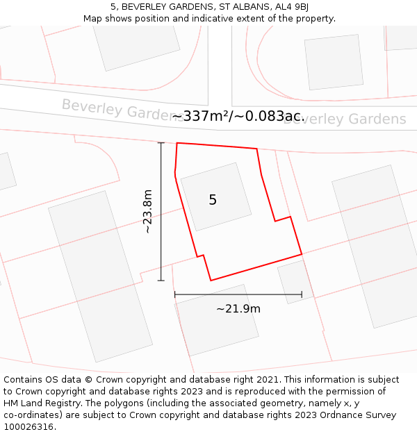 5, BEVERLEY GARDENS, ST ALBANS, AL4 9BJ: Plot and title map