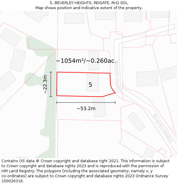 5, BEVERLEY HEIGHTS, REIGATE, RH2 0DL: Plot and title map