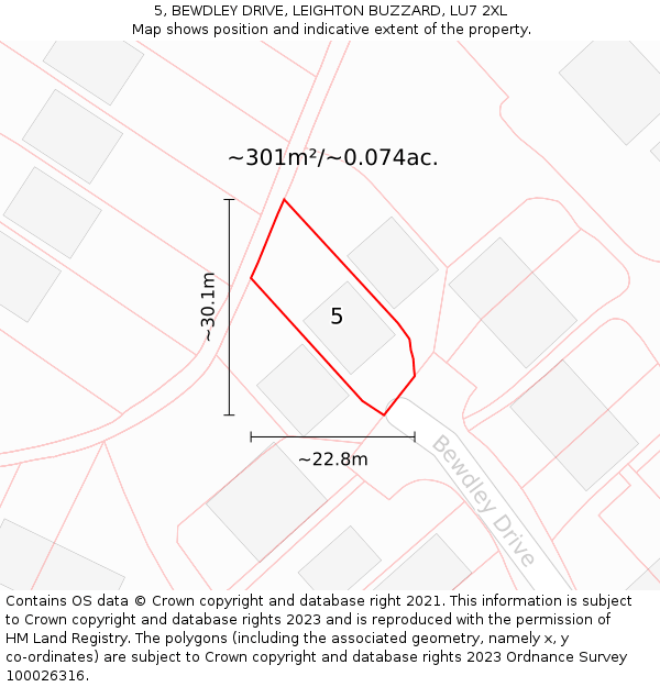 5, BEWDLEY DRIVE, LEIGHTON BUZZARD, LU7 2XL: Plot and title map