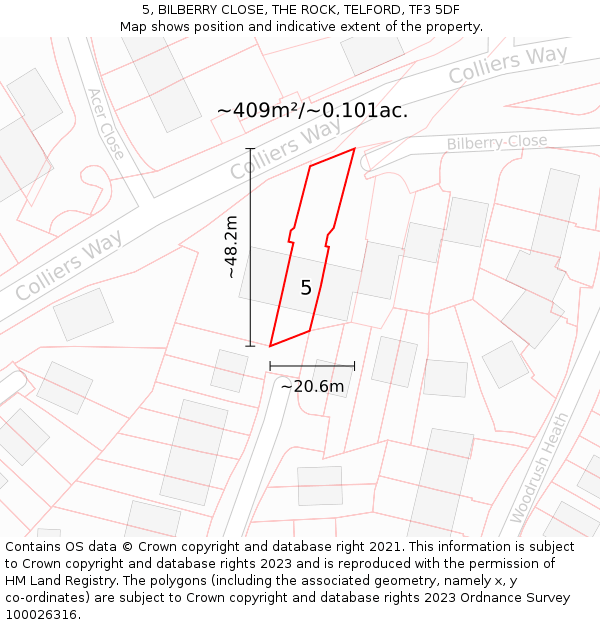 5, BILBERRY CLOSE, THE ROCK, TELFORD, TF3 5DF: Plot and title map