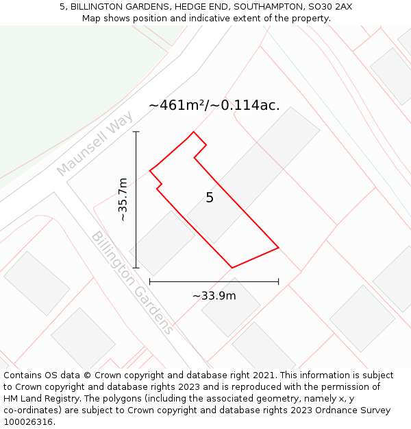 5, BILLINGTON GARDENS, HEDGE END, SOUTHAMPTON, SO30 2AX: Plot and title map