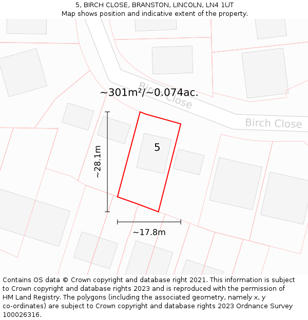 5, BIRCH CLOSE, BRANSTON, LINCOLN, LN4 1UT: Plot and title map