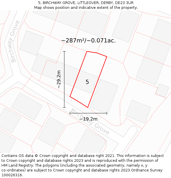 5, BIRCHWAY GROVE, LITTLEOVER, DERBY, DE23 3UR: Plot and title map