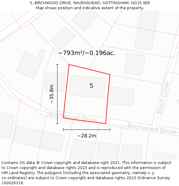 5, BIRCHWOOD DRIVE, RAVENSHEAD, NOTTINGHAM, NG15 9EE: Plot and title map