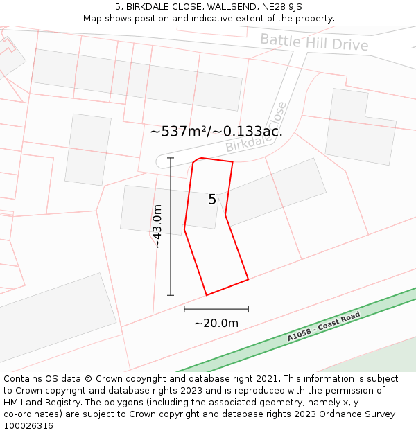 5, BIRKDALE CLOSE, WALLSEND, NE28 9JS: Plot and title map