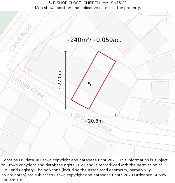 5, BISHOP CLOSE, CHIPPENHAM, SN15 3FJ: Plot and title map