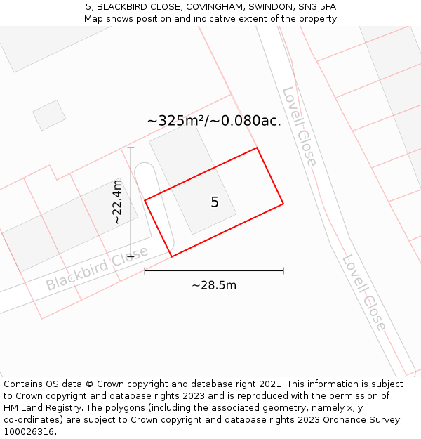5, BLACKBIRD CLOSE, COVINGHAM, SWINDON, SN3 5FA: Plot and title map