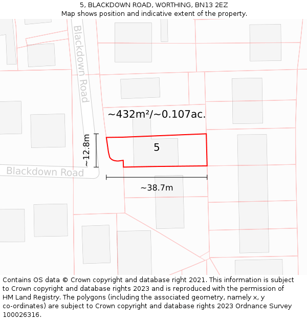 5, BLACKDOWN ROAD, WORTHING, BN13 2EZ: Plot and title map