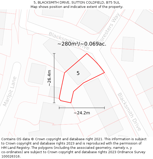 5, BLACKSMITH DRIVE, SUTTON COLDFIELD, B75 5UL: Plot and title map