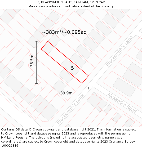 5, BLACKSMITHS LANE, RAINHAM, RM13 7AD: Plot and title map