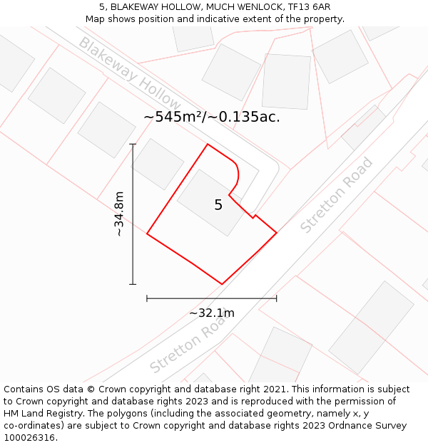 5, BLAKEWAY HOLLOW, MUCH WENLOCK, TF13 6AR: Plot and title map