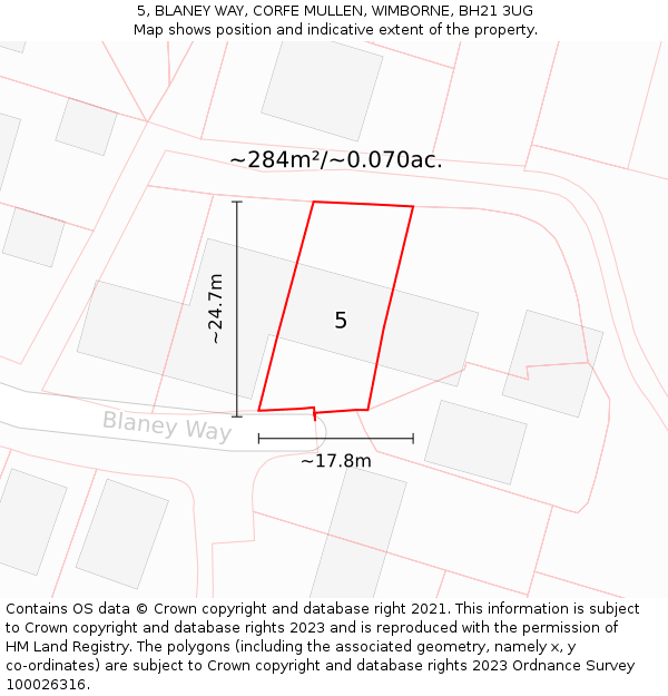 5, BLANEY WAY, CORFE MULLEN, WIMBORNE, BH21 3UG: Plot and title map