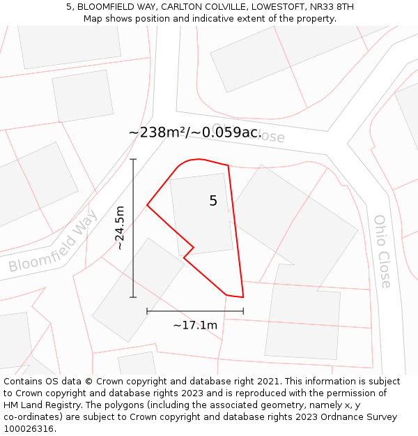5, BLOOMFIELD WAY, CARLTON COLVILLE, LOWESTOFT, NR33 8TH: Plot and title map