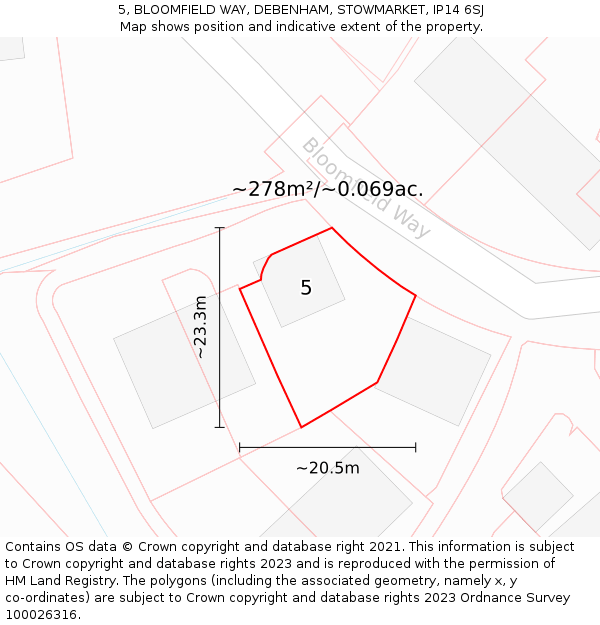 5, BLOOMFIELD WAY, DEBENHAM, STOWMARKET, IP14 6SJ: Plot and title map