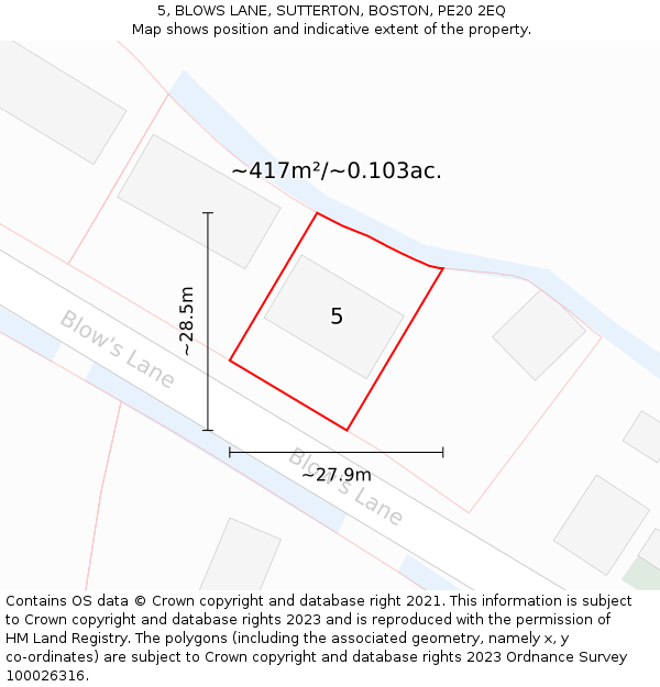 5, BLOWS LANE, SUTTERTON, BOSTON, PE20 2EQ: Plot and title map