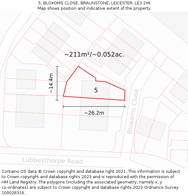 5, BLOXOMS CLOSE, BRAUNSTONE, LEICESTER, LE3 2YA: Plot and title map