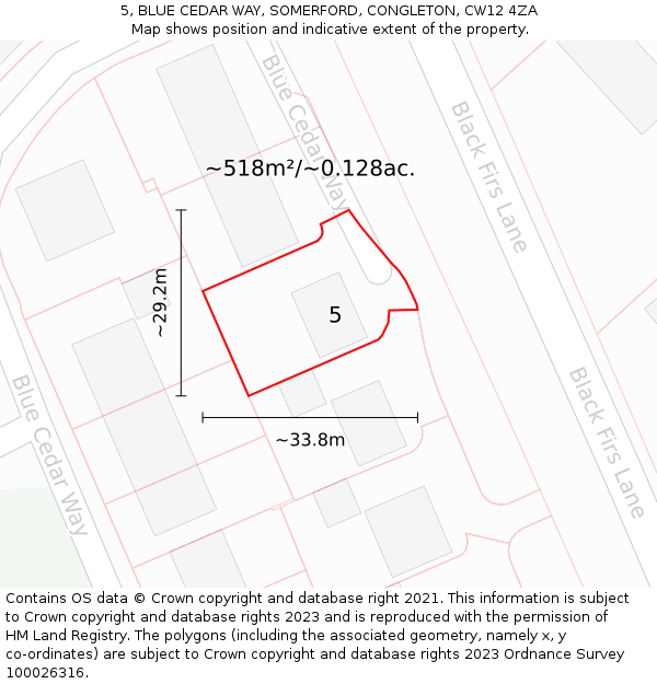 5, BLUE CEDAR WAY, SOMERFORD, CONGLETON, CW12 4ZA: Plot and title map