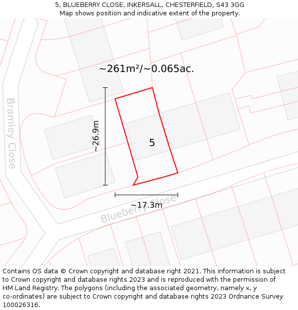 5, BLUEBERRY CLOSE, INKERSALL, CHESTERFIELD, S43 3GG: Plot and title map
