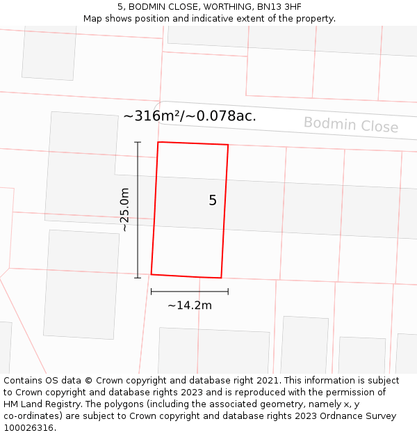 5, BODMIN CLOSE, WORTHING, BN13 3HF: Plot and title map