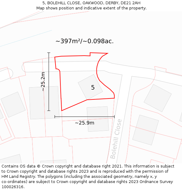5, BOLEHILL CLOSE, OAKWOOD, DERBY, DE21 2AH: Plot and title map