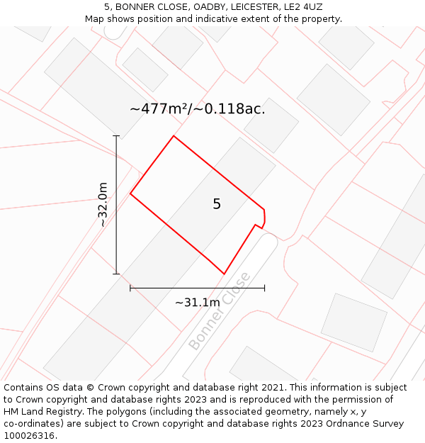 5, BONNER CLOSE, OADBY, LEICESTER, LE2 4UZ: Plot and title map