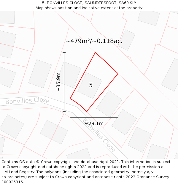 5, BONVILLES CLOSE, SAUNDERSFOOT, SA69 9LY: Plot and title map