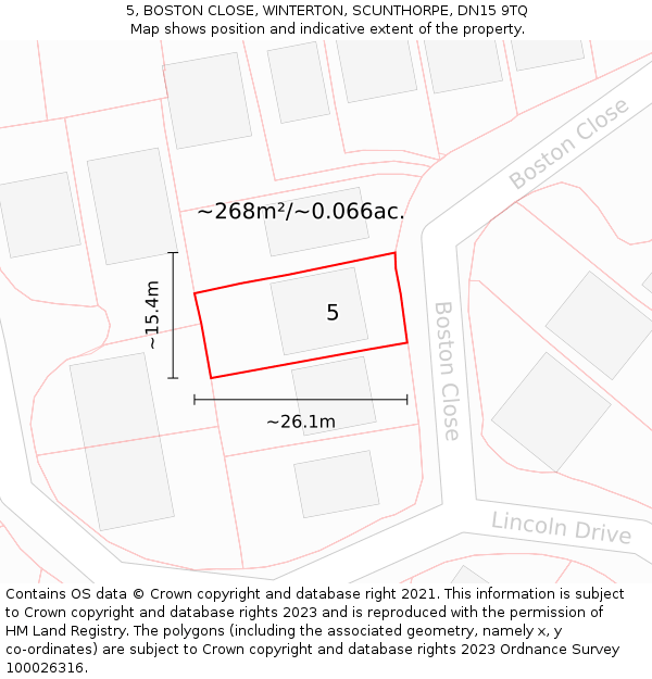5, BOSTON CLOSE, WINTERTON, SCUNTHORPE, DN15 9TQ: Plot and title map