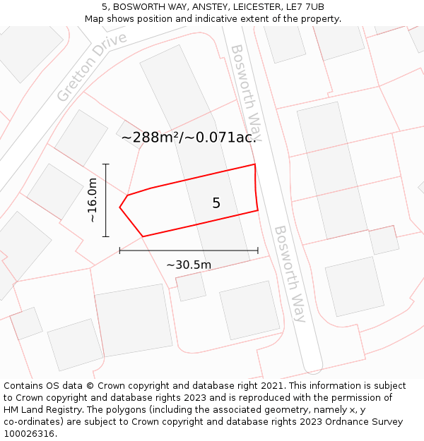 5, BOSWORTH WAY, ANSTEY, LEICESTER, LE7 7UB: Plot and title map