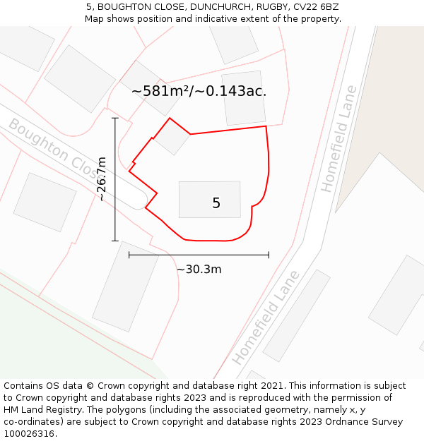 5, BOUGHTON CLOSE, DUNCHURCH, RUGBY, CV22 6BZ: Plot and title map