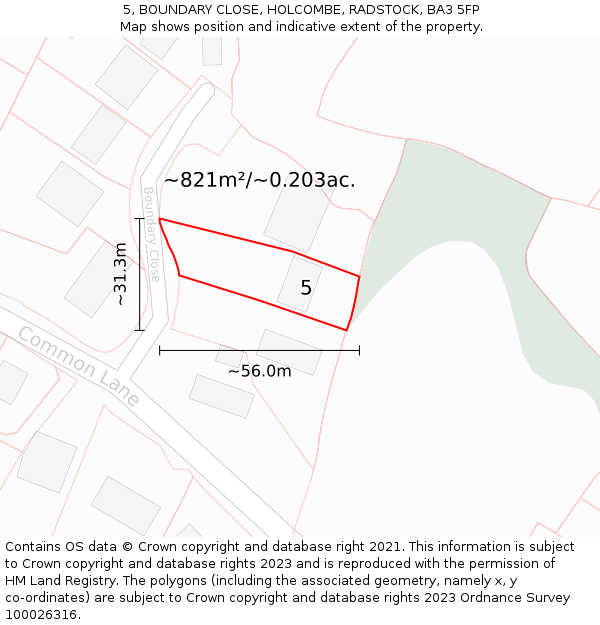 5, BOUNDARY CLOSE, HOLCOMBE, RADSTOCK, BA3 5FP: Plot and title map