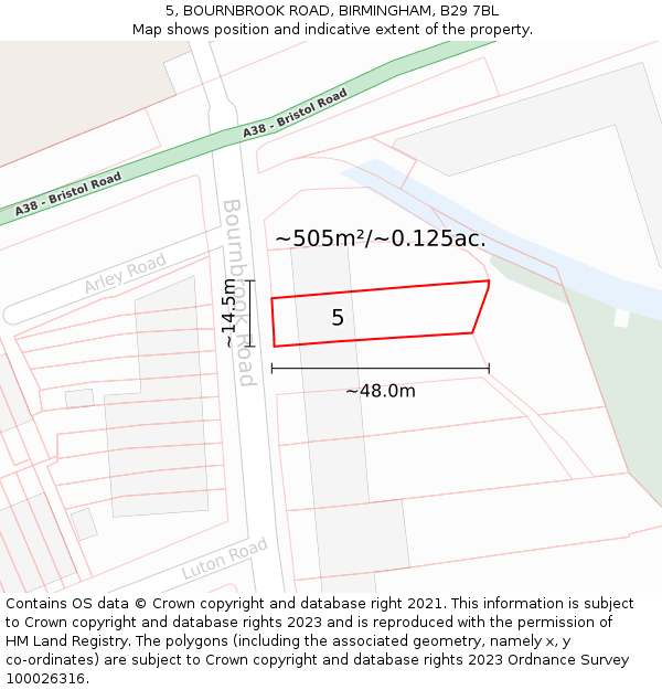 5, BOURNBROOK ROAD, BIRMINGHAM, B29 7BL: Plot and title map