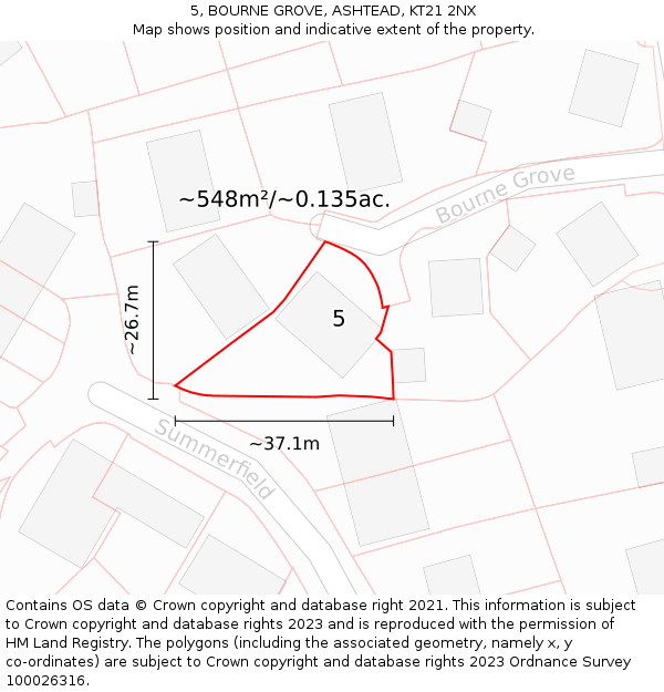 5, BOURNE GROVE, ASHTEAD, KT21 2NX: Plot and title map