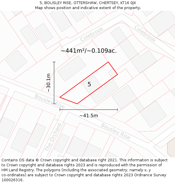 5, BOUSLEY RISE, OTTERSHAW, CHERTSEY, KT16 0JX: Plot and title map