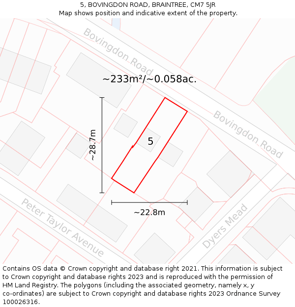 5, BOVINGDON ROAD, BRAINTREE, CM7 5JR: Plot and title map
