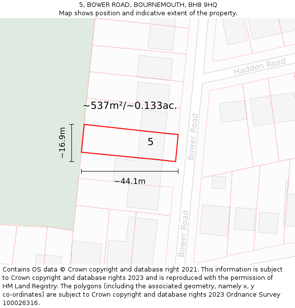 5, BOWER ROAD, BOURNEMOUTH, BH8 9HQ: Plot and title map