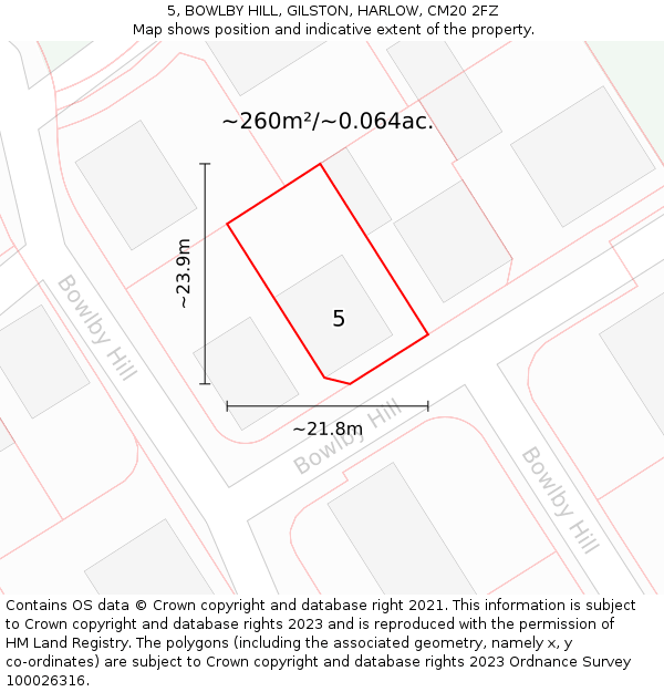 5, BOWLBY HILL, GILSTON, HARLOW, CM20 2FZ: Plot and title map