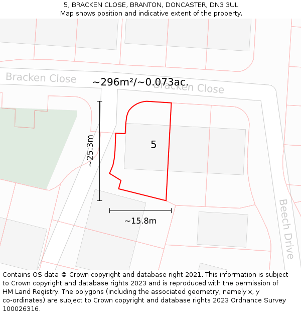 5, BRACKEN CLOSE, BRANTON, DONCASTER, DN3 3UL: Plot and title map