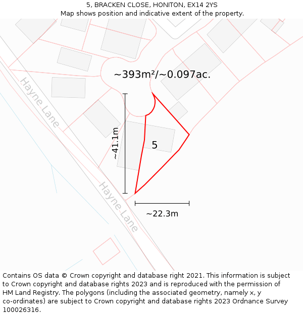 5, BRACKEN CLOSE, HONITON, EX14 2YS: Plot and title map