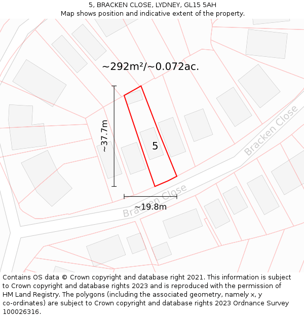 5, BRACKEN CLOSE, LYDNEY, GL15 5AH: Plot and title map