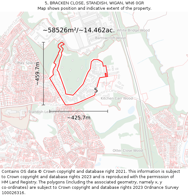 5, BRACKEN CLOSE, STANDISH, WIGAN, WN6 0GR: Plot and title map