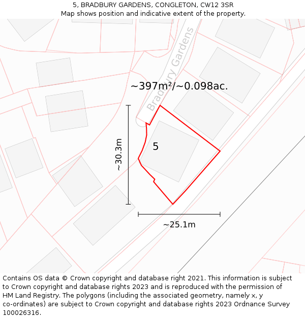 5, BRADBURY GARDENS, CONGLETON, CW12 3SR: Plot and title map