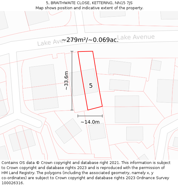 5, BRAITHWAITE CLOSE, KETTERING, NN15 7JS: Plot and title map