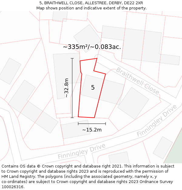 5, BRAITHWELL CLOSE, ALLESTREE, DERBY, DE22 2XR: Plot and title map