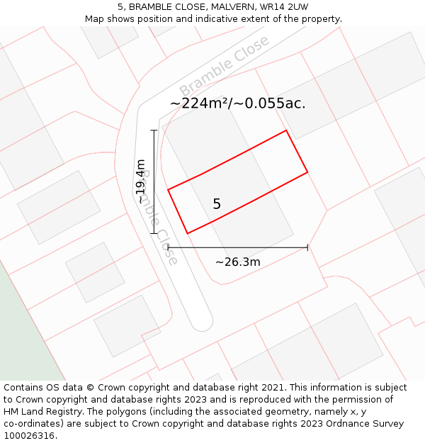 5, BRAMBLE CLOSE, MALVERN, WR14 2UW: Plot and title map