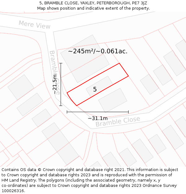 5, BRAMBLE CLOSE, YAXLEY, PETERBOROUGH, PE7 3JZ: Plot and title map