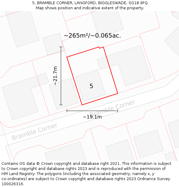 5, BRAMBLE CORNER, LANGFORD, BIGGLESWADE, SG18 9FQ: Plot and title map