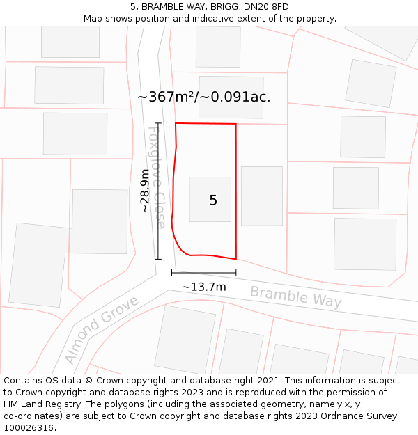 5, BRAMBLE WAY, BRIGG, DN20 8FD: Plot and title map