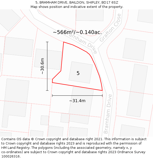 5, BRAMHAM DRIVE, BAILDON, SHIPLEY, BD17 6SZ: Plot and title map