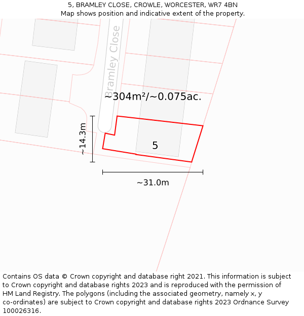 5, BRAMLEY CLOSE, CROWLE, WORCESTER, WR7 4BN: Plot and title map